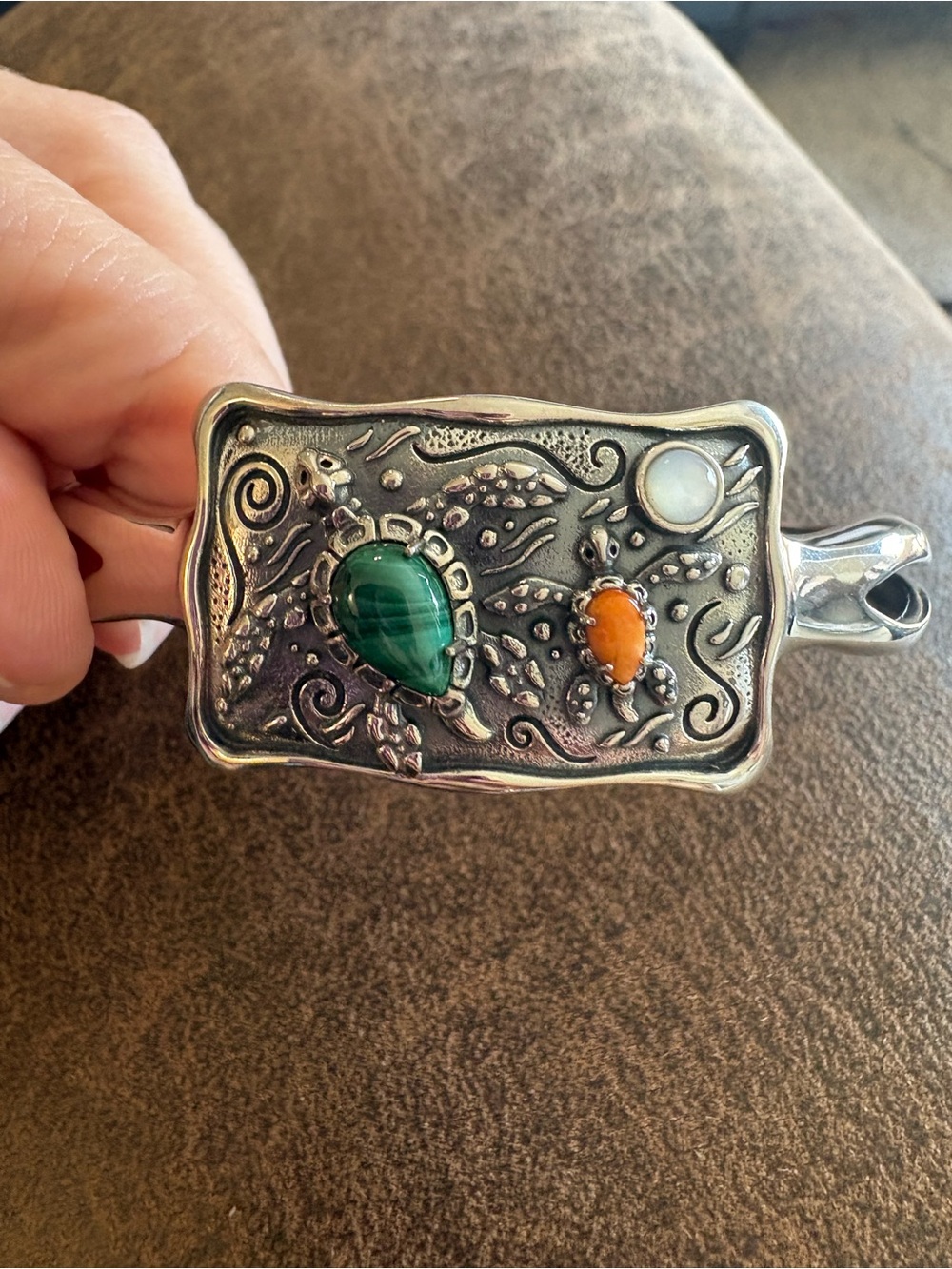Sterling Silver Turtle Cuff Bracelet with Gemstones Southwestern